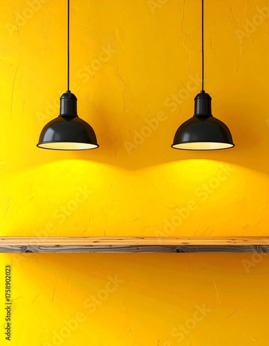 Yellow wall, wooden shelf, black lamps