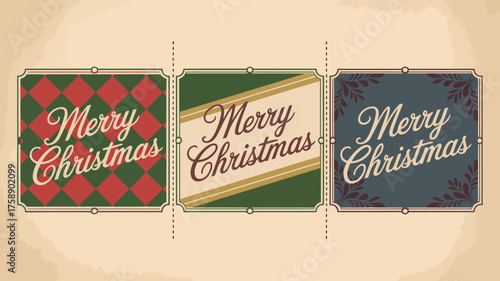 Three retro merry christmas greetings with vintage patterns