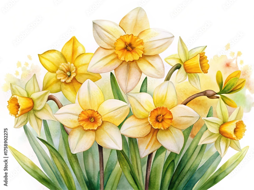 Fototapeta premium Watercolor Daffodil Bouquet in Pastel Yellows and Greens for Springtime Elegance