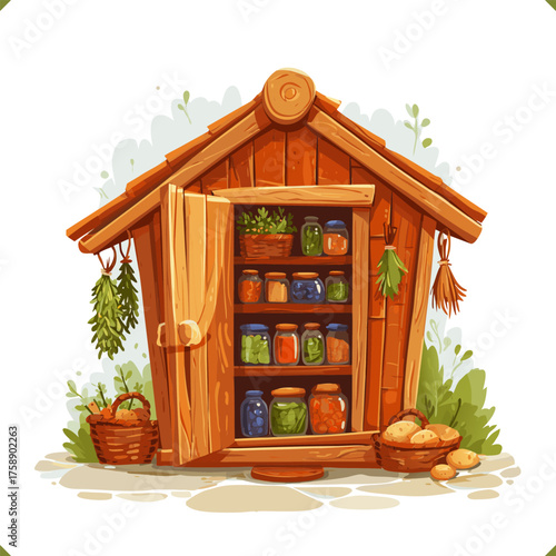 Vector illustration of small wooden food storage with jars of preserves and baskets of potatoes, isolated on white background