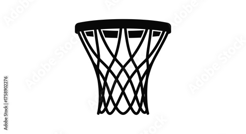 Close up view of a black basketball hoop net and rim in a clean silhouette against a white background