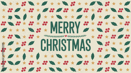 Merry christmas text with festive holly berries and stars pattern