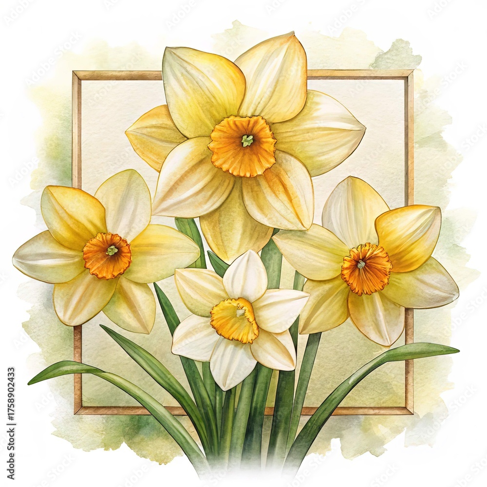 Fototapeta premium Watercolor Daffodils in Wooden Frame Depicting Springtime Charm and Floral Beauty