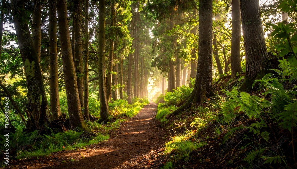 Obraz premium A sunlit forest path creates a natural tunnel, leading the viewer's eye to a bright, golden clearing. Lush greenery and tall trees surround the trail