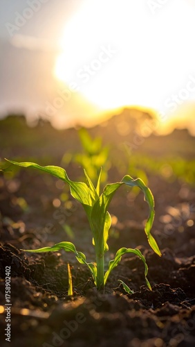 Young corn plant emerging from soil at sunset