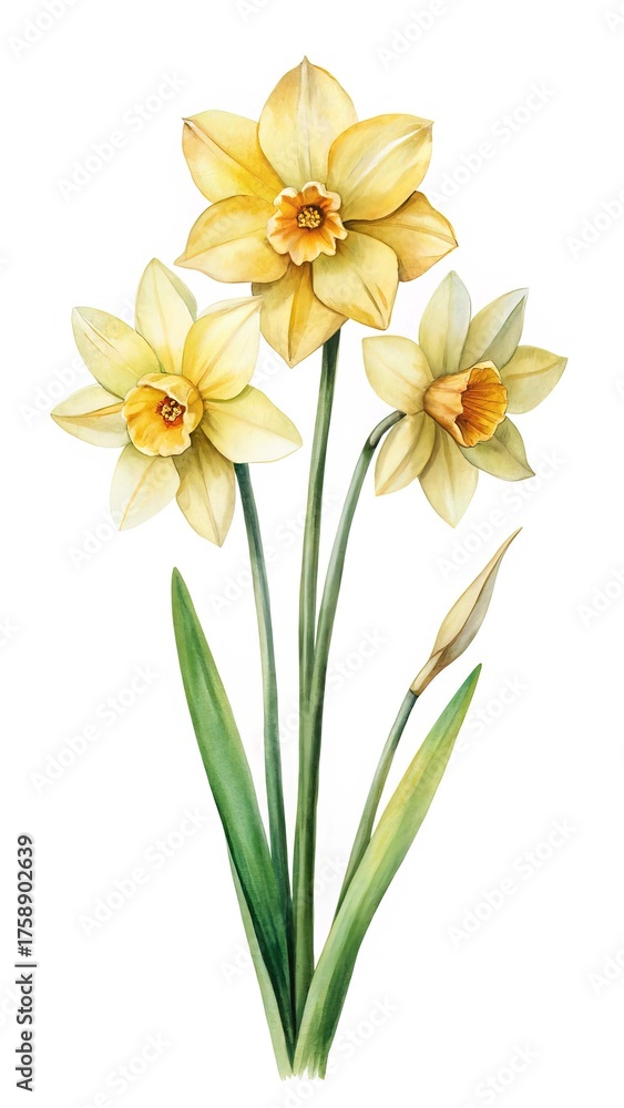 Fototapeta premium Beautiful Watercolor Painting of Three Yellow Daffodils with Green Leaves and Bud
