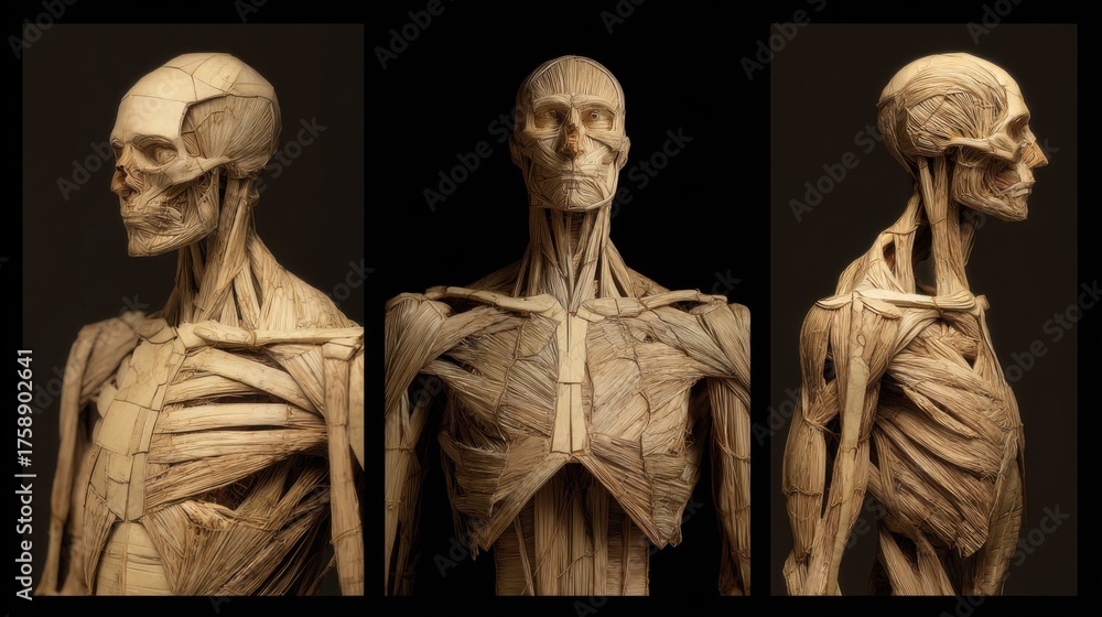 Naklejka premium Detailed anatomical study, focusing on the human body's skeletal and muscular systems, showcasing the complexities