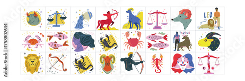 Colorful collection of zodiac sign icons, celebrating astrological symbols and celestial guidance