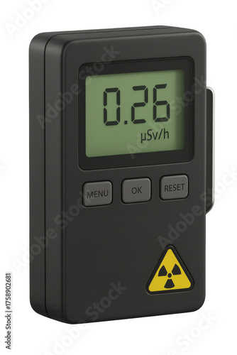 Geiger counter showing radiation level on transparent background