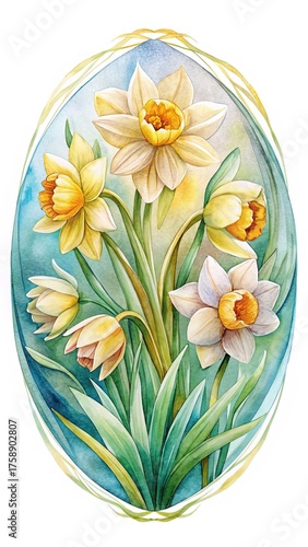 Watercolor painting of vibrant daffodils in full bloom against a pastel background