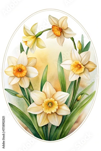 Watercolor daffodils in an oval frame, spring flowers, floral artwork