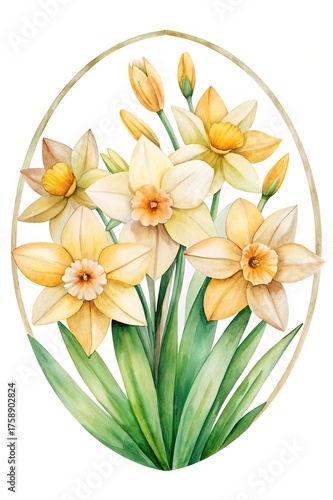 Watercolor painting of an oval frame containing beautiful yellow daffodils and green leaves