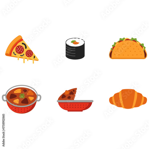 Flat Design Food & Drink Icons: Including Sliced Sausage Roll, Brazilian Cashew Fruit (Caju), Cheeseburger, Orange Fruit, Chocolate Cake Loaf, and Two Labeled Bottles (Baco & Piope)