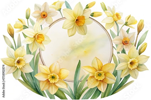 Watercolor Daffodils Floral Frame with Blank Space for Text or Image