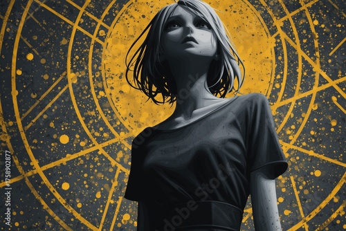 Mysterious figure stands against abstract yellow and black background in a dark artistic setting