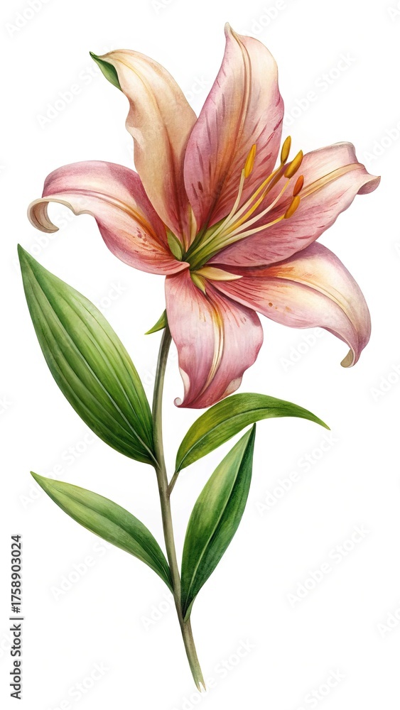 Naklejka premium Elegant watercolor painting of a pink and cream lily flower with green leaves