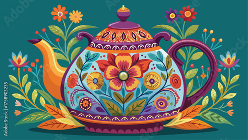 Very beautiful elegant floral teapot with intricate designs and vibrant colors, featuring delicate patterns and polished enamel finish, perfect for tea lovers and adding charm to any kitchen or tea 