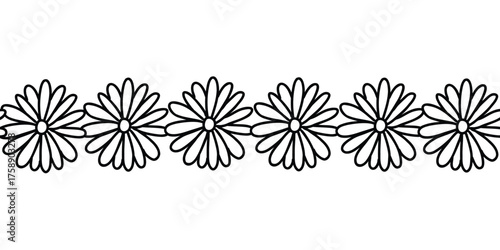 Seamless doodle floral border with hand drawn daisies. Cute vector line pattern for packaging, stationery, or summer decoration.