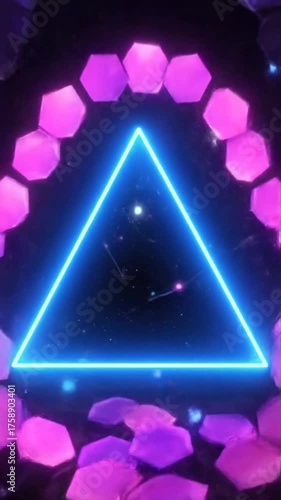 Abstract neon triangle with floating geometric shapes and particles