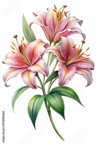 Wallpaper Mural Elegant Watercolor Illustration of Pink Stargazer Lilies with Green Foliage Against White Backdrop Torontodigital.ca