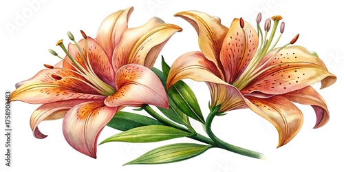 Wallpaper Mural Watercolor Painting of Two Elegant Orange and Pink Tiger Lilies with Green Leaves Torontodigital.ca