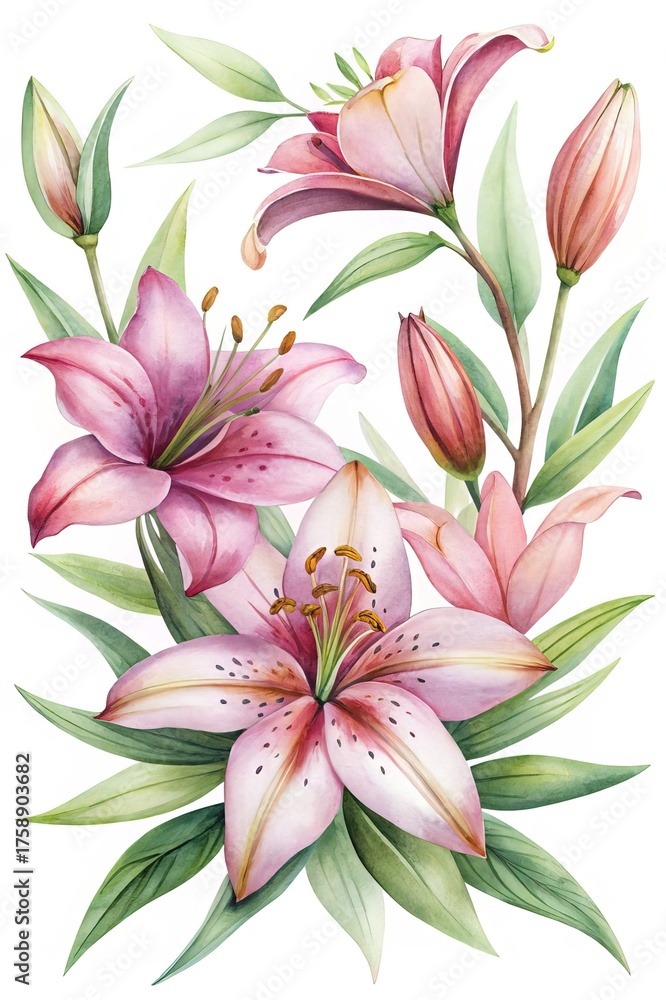 Fototapeta premium Watercolor Painting of Pink Lilies with Green Leaves on White Background