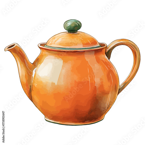 Rustic Watercolor Orange Teapot Clipart: Vintage Kitchenware
