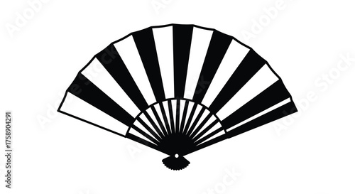 A striking black and white graphic illustration of an open folding fan in a clear silhouette style