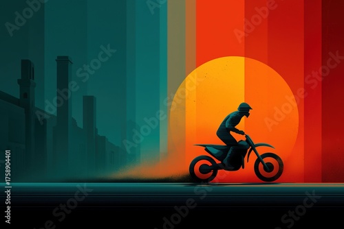 Motorcyclist riding at sunset with vibrant colors in the background near city buildings