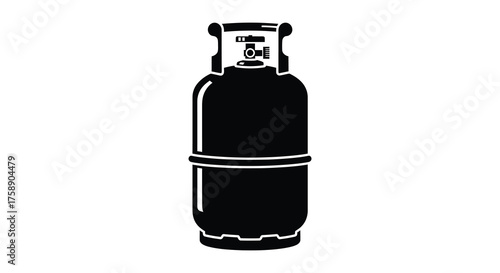 A stark black silhouette of a propane gas cylinder with a white band and valve on a white background