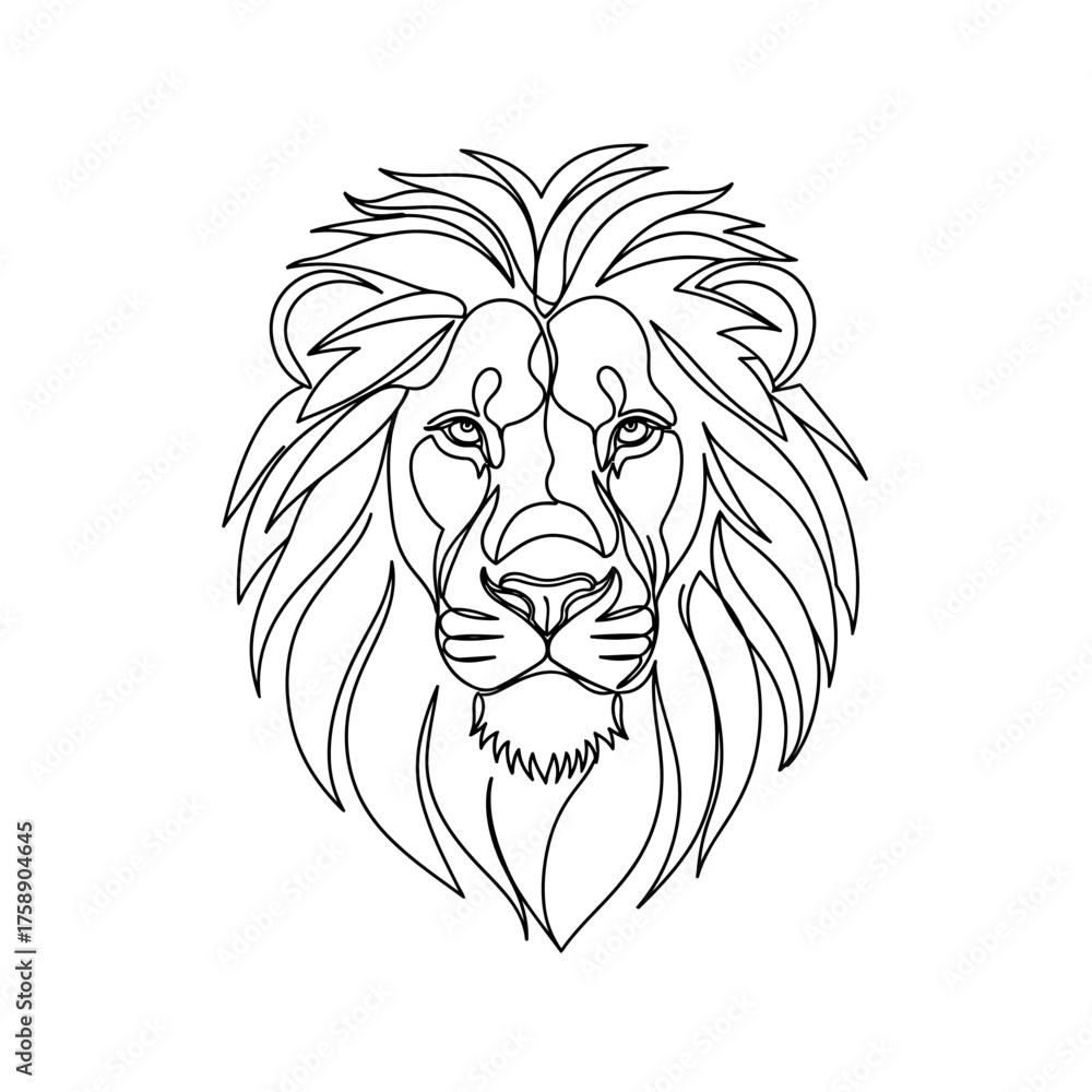 Fototapeta premium Minimalist lion head continuous line art, majestic wild animal face vector illustration, modern black and white lion portrait for logo and branding