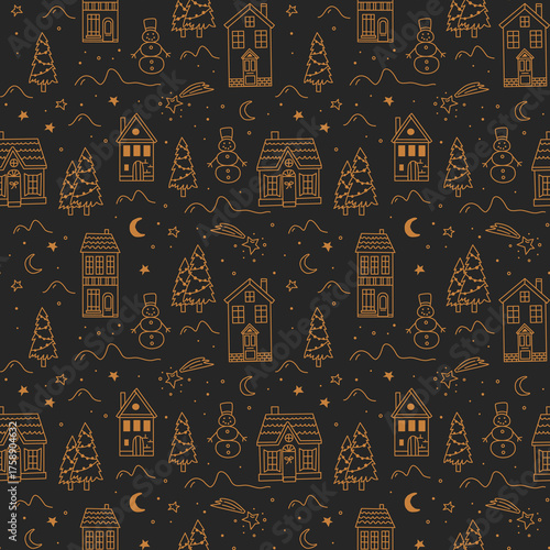 Christmas seamless pattern featuring hand drawn night winter landscape, snow-covered village, snowmen, houses, and fir trees. Whimsical vector doodle illustrations on black background.