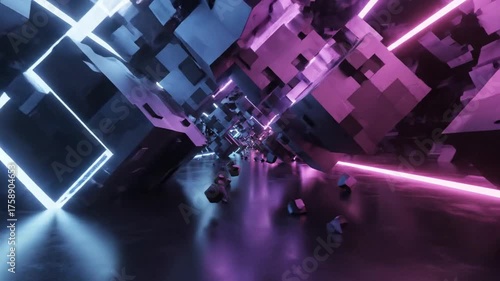Abstract futuristic tunnel with neon light and geometric cubes design
