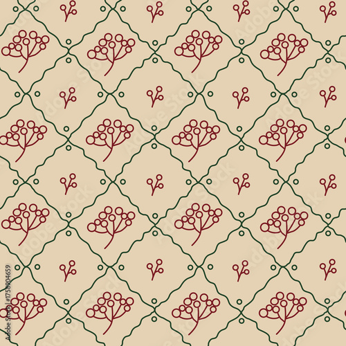 Vector winter botanical seamless pattern. Hand drawn vintage background with whimsical doodle berries on beige background.