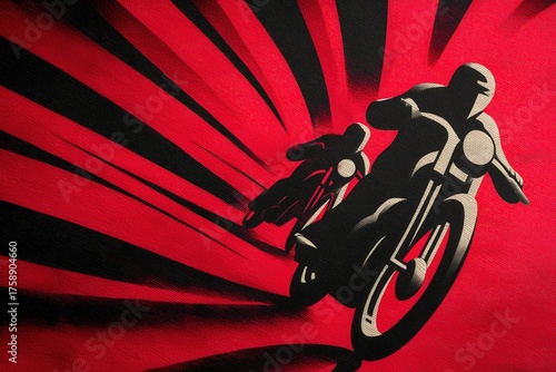 Motorcycles racing through a dynamic background in bold red and black colors during an action-packed scene