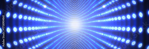 Abstract panoramic blue background in a space style. A beam of light in the center of the tunnel. High-speed movement in space. Time machine concept.