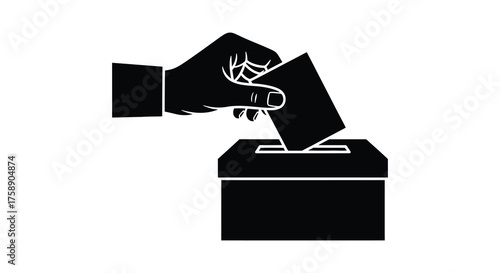 Hand casting a vote into a ballot box in a stark black and white silhouette illustration silhouette