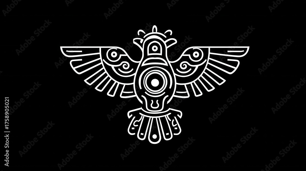 Fototapeta premium Intricate eagle illustration with ornamental design on black background, showcasing symmetry and artistic creativity. The eagle figure evokes themes of power, freedom, and strength.