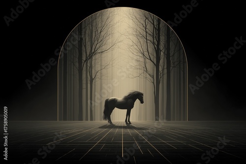 Majestic horse standing alone in a mysterious forest during golden hour