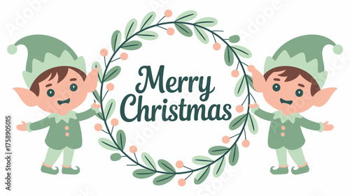 Cute christmas elves holding a merry christmas wreath