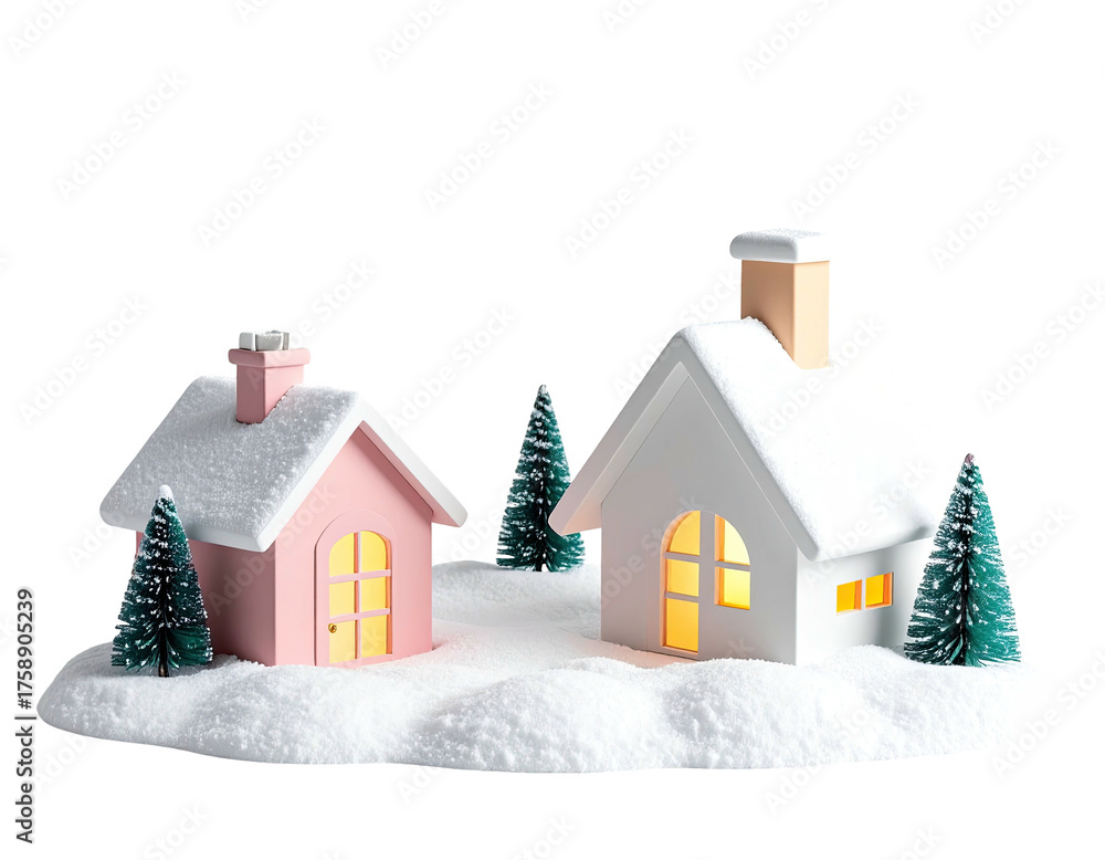 Naklejka premium Charming miniature Christmas village with snowy houses and trees.