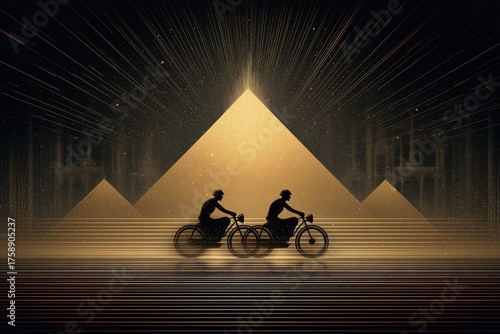 Two cyclists ride bicycles near golden pyramids under bright rays of light in a surreal landscape at dusk