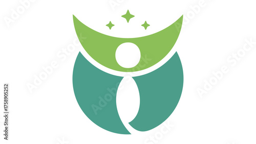 Abstract human figure emblem with green and gold arcs and celestial accents vector