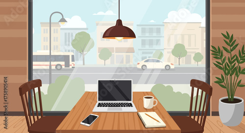 Modern office workspace with city view and laptop