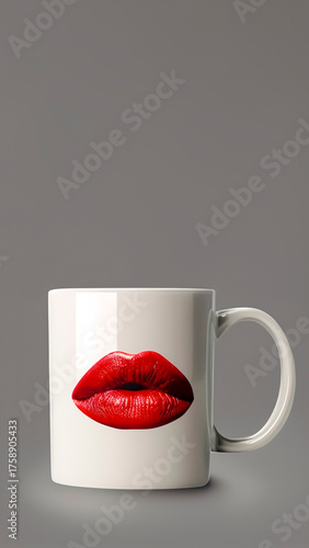 Mug Mockup with a Red Lipstick Mark and Splatters on Gray Background with Copyspace. Modern Drinkware, Product Template.