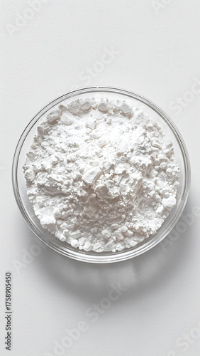 Top View of a Glass Bowl with White Powder. Science Lab, Chemical Ingredient, Cooking Concept.
