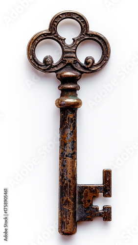 Antique Old Key Isolated on White Background. Vintage Treasure, Secret Symbol, Decorative Object.
