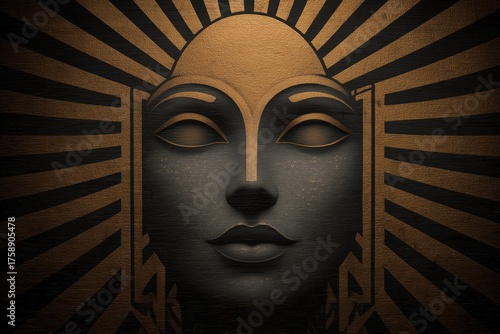 Decorative sun god mask with bold geometric patterns in striking gold and black tones