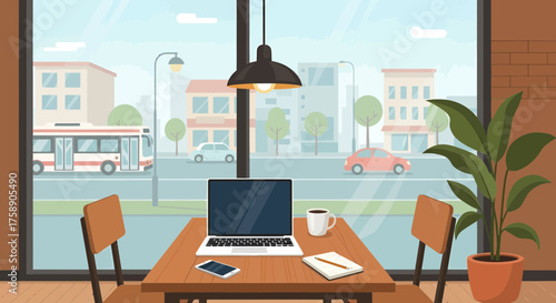 Modern office workspace with city view