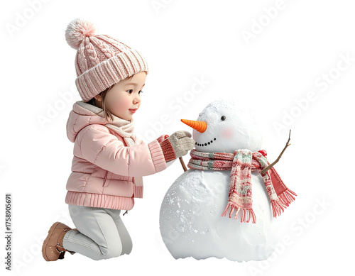 Adorable little girl in pink winter clothes building a snowman.